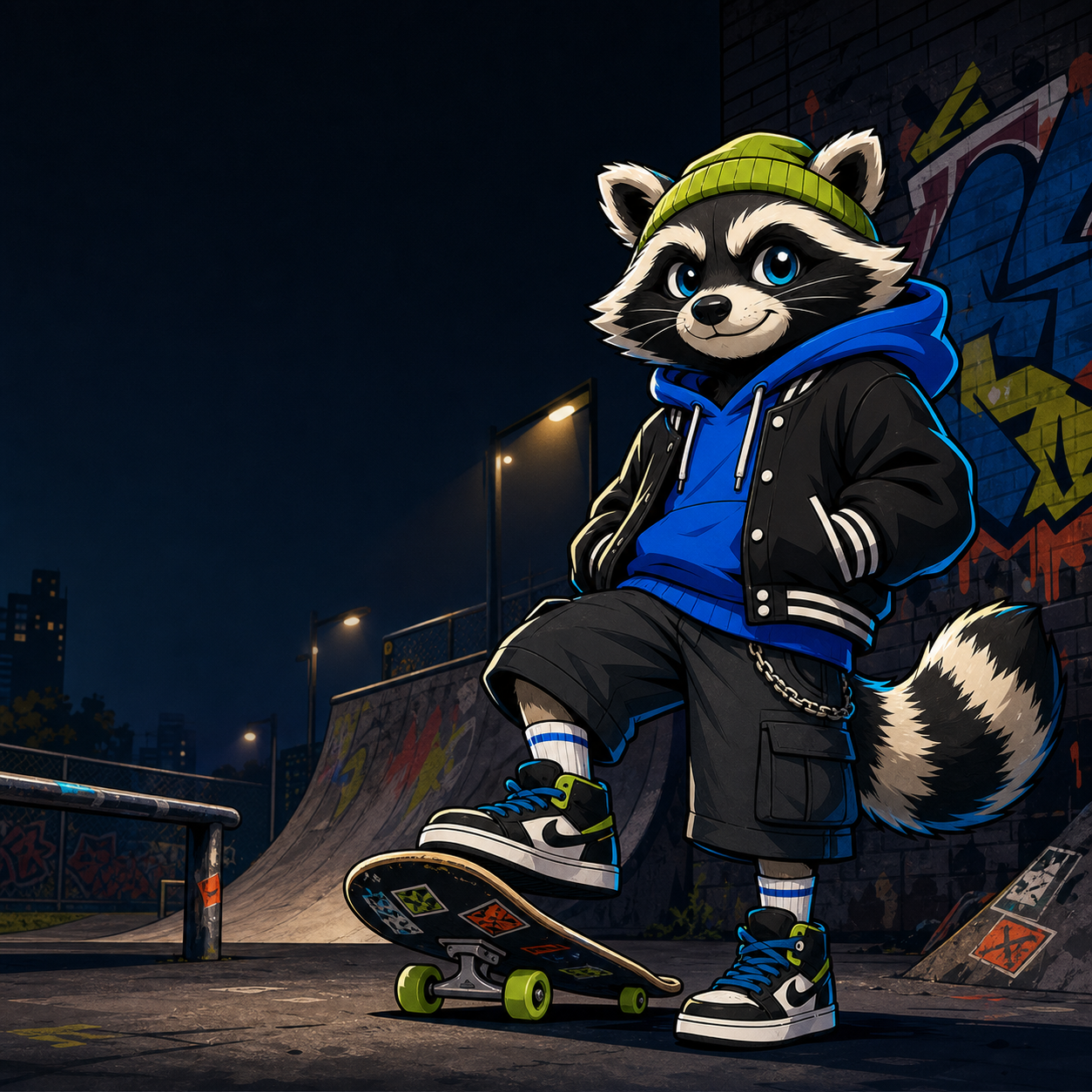 Kickflip Racoon cartoon street-skater mascot